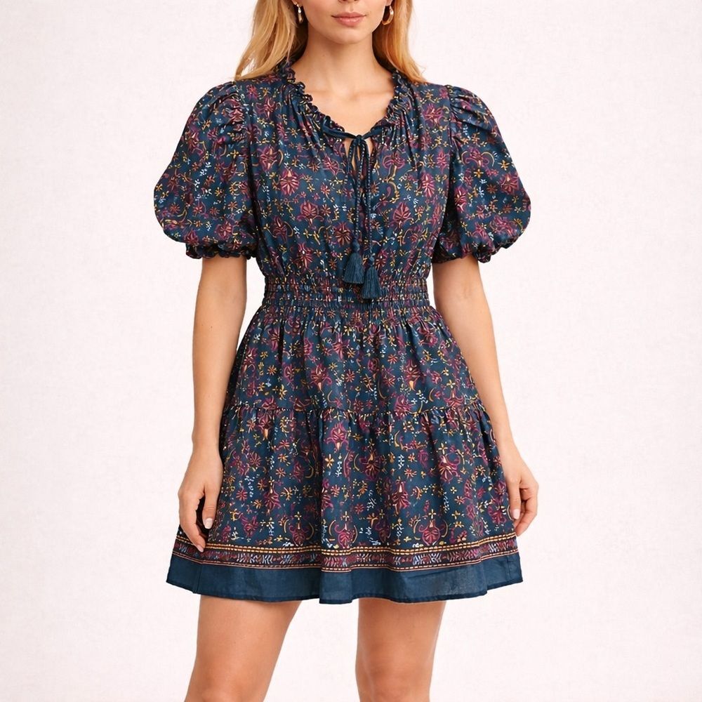 Pinch Stony Mini Dress Size Large Dark Green Floral Boho Smocked Waist Cotton